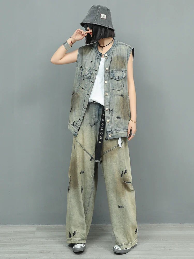 Big Size Denim Vest Wide Leg Pants Two Piece Suit New Round Neck Sleeveless Women Fashion Tide Spring Autumn 2025 1DJ0966