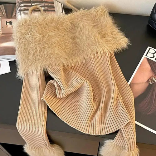 Load image into Gallery viewer, Autumn Winter Beige Blue Elegant Plush Neck Off Shoulder Short Knitted Sweater Korean Women's Brown Long Sleeved Pullover Tops
