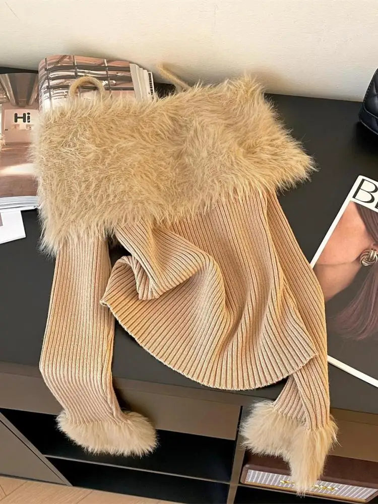 Autumn Winter Beige Blue Elegant Plush Neck Off Shoulder Short Knitted Sweater Korean Women's Brown Long Sleeved Pullover Tops
