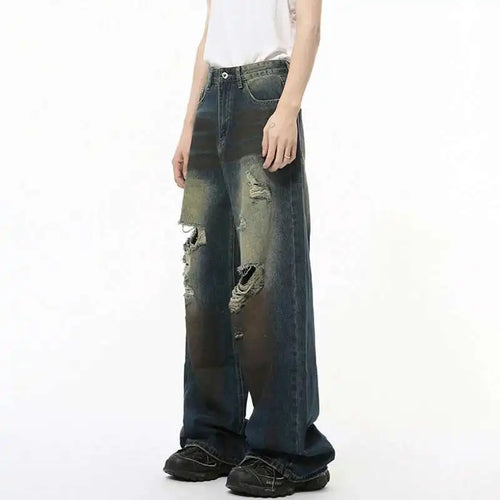 Load image into Gallery viewer, High Street Men&#39;s Denim Pants Worn-out Hole Design Contrast Color Straigh Bottom Wide Leg Loose Male Denim Spring 9C8204
