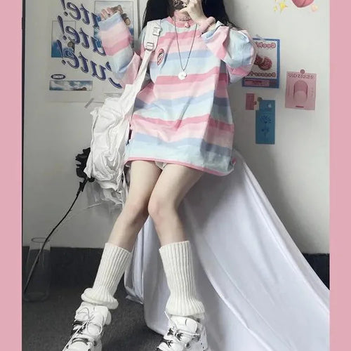 Load image into Gallery viewer, Rainbow Pullovers Women Striped Long Sleeve Top Autumn Spring Harajuku School Kawaii Korean Style Oversized Top
