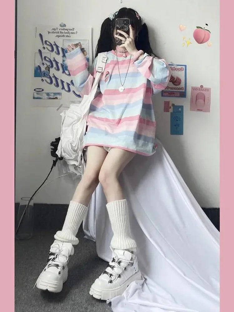 Rainbow Pullovers Women Striped Long Sleeve Top Autumn Spring Harajuku School Kawaii Korean Style Oversized Top