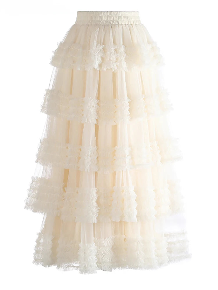 High Elastic Waist Rose Red Mesh Layers Elegant Ball Gown Half-body Skirt Women Fashion New Spring Autumn 2025 1DJ1272