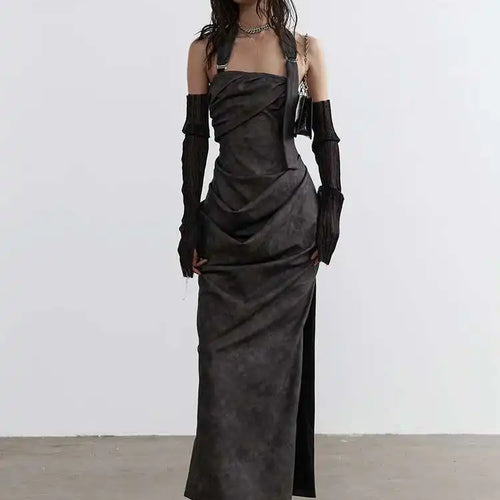 Load image into Gallery viewer, Women Gray Shaped Pleated Pu Leather Long Elegant Strapless Dress New Sleeveless Fashion Tide Spring Autumn 2025 1DH4724
