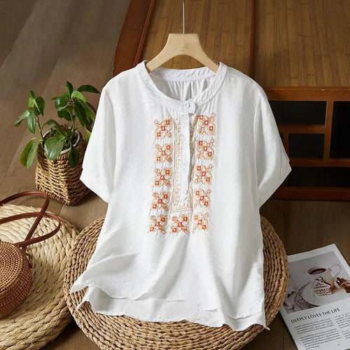 Load image into Gallery viewer, Vintage Women White Beige Embroidery Loose Single Breasted Short Sleeve Cotton Shirt Summer Round Neck Elegant Festival Tops New
