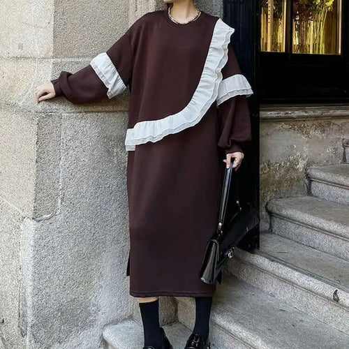 Load image into Gallery viewer, Women Black Ruffles Spliced Big Size Long Casual Dress New Round Neck Long Sleeve Fashion Tide Spring Autumn 2025 1DH7701
