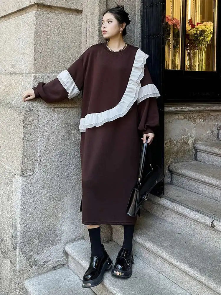 Women Black Ruffles Spliced Big Size Long Casual Dress New Round Neck Long Sleeve Fashion Tide Spring Autumn 2025 1DH7701