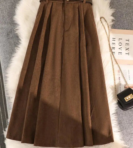 Retro Corduroy Black Pleated Umbrella Skirts For Women Autumn Winter Fashion Korean Streetwear Harajuku Brown Long Skirt Elegan