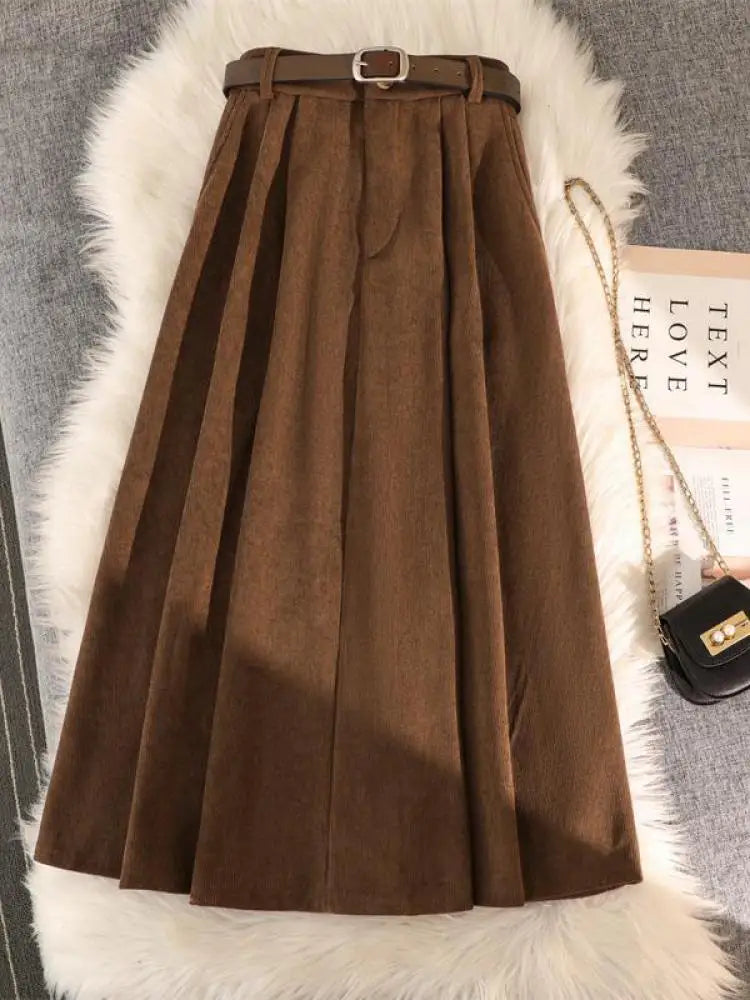 Retro Corduroy Black Pleated Umbrella Skirts For Women Autumn Winter Fashion Korean Streetwear Harajuku Brown Long Skirt Elegan
