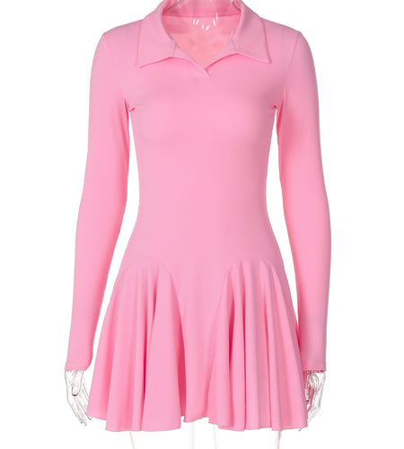 Polo Neck Solid Long Sleeve Pleated Sexy Bodycon Mini Dress Fall Women Fashion Y2K Outfits Birthday Party Festival