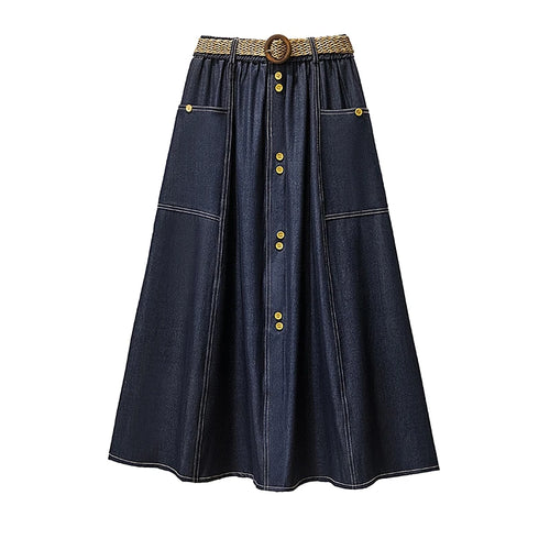 Load image into Gallery viewer, Spring Summer Vintage Blue Single Breasted Party Pleated Denim Midi Skirt Women Elastic High Waist Large Size Pockets Jean Skirt
