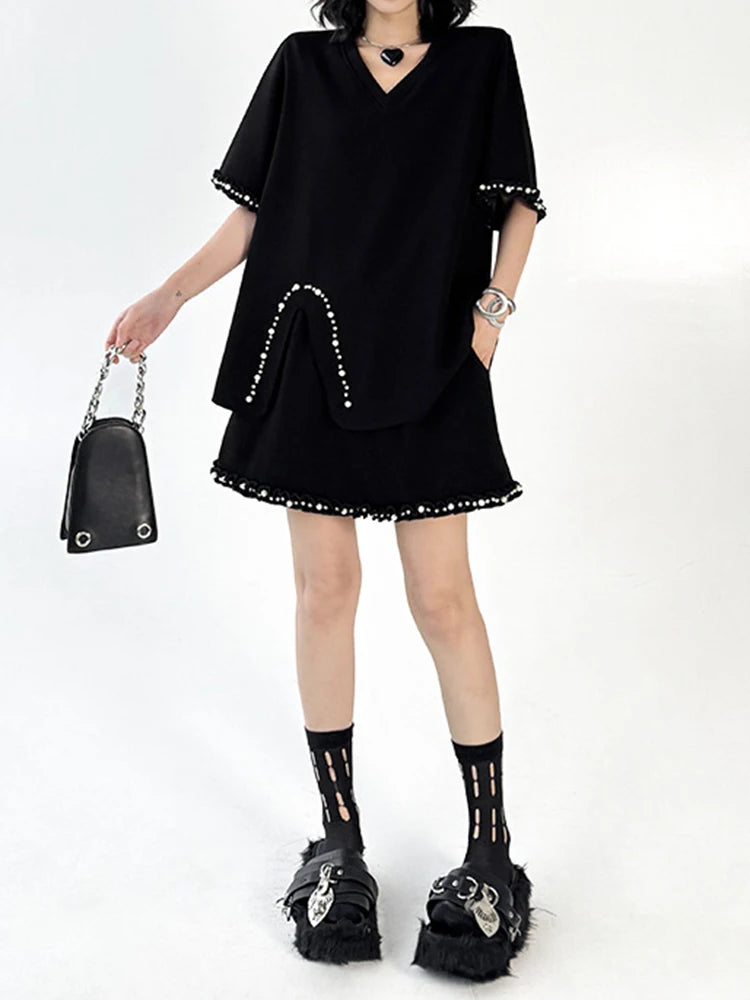 Black Pearled T-shirt Mini Skirt Two Pieces Suit New Round Neck Short Sleeve Women Fashion Spring Summer 2025 1DJ1124