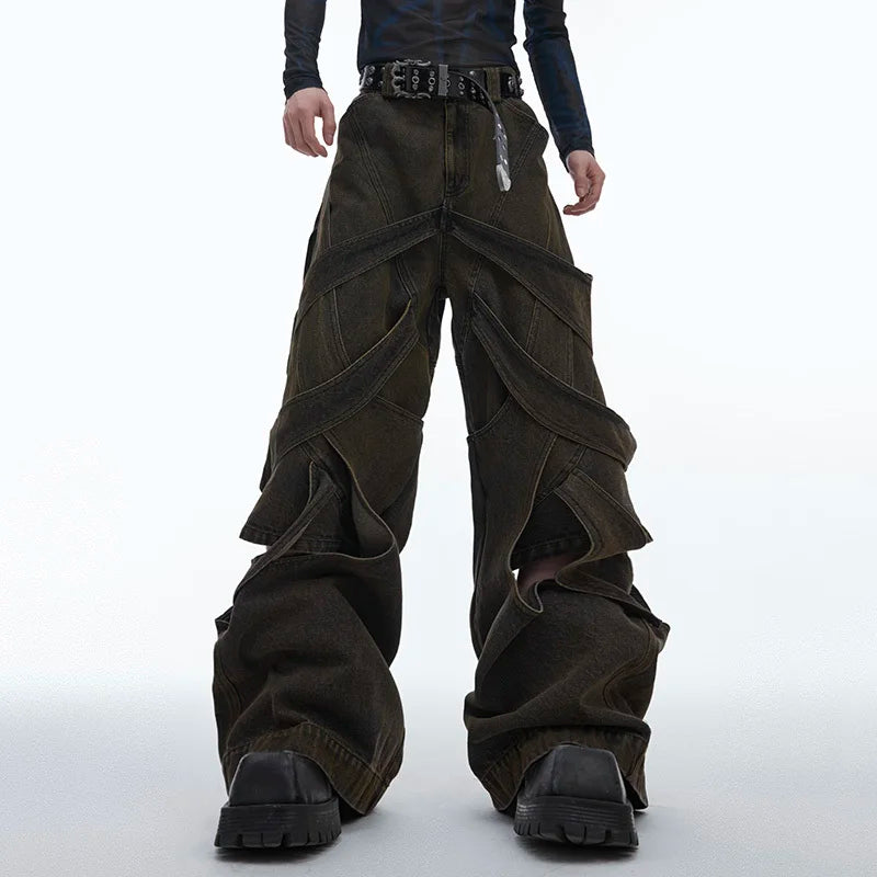 Niche Deconstruction Worn-out Washed Hollowed Out Jeans Vintage Pants Patchwork High Street Male Trousers 24E1535