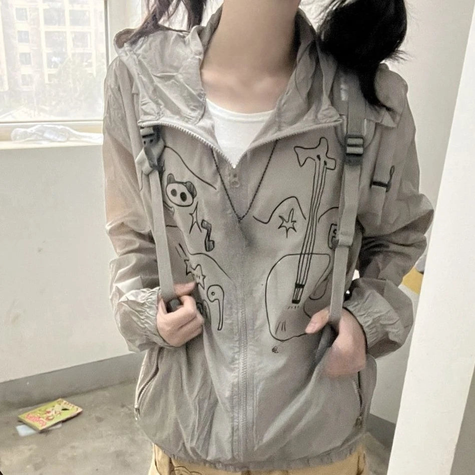 Outdoor Sun Protection Y2k Aesthetic Cartoon Jackets Women Grunge Thin Simple Hooded Coat Streetwear Casual Zipper Femme Tops