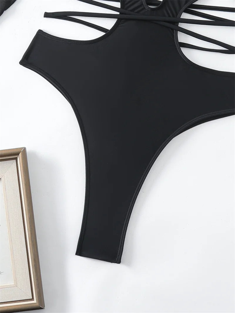 Black Long Sleeve One Piece Swimsuit 2024 Swimwear for Women Sexy Hollow Out Bathing Suit Around Bandage Monokini