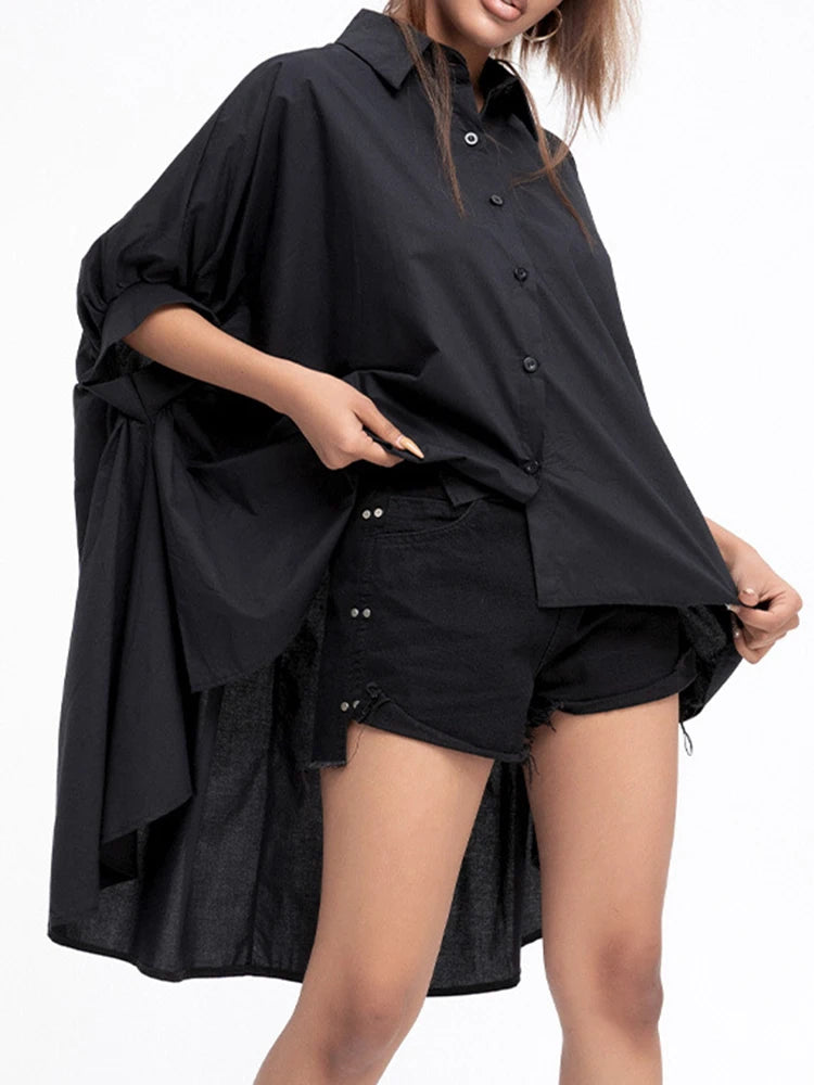 Women White Irregular Big Size Blouse New Lapel Half Sleeve Loose Fit Shirt Fashion Tide Spring Autumn 2025 1DD2323