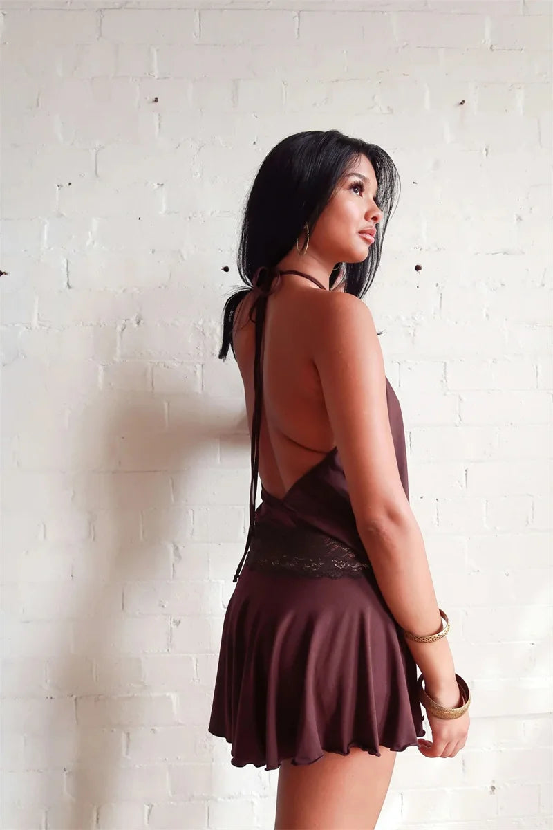 Halter Backless Sexy Mini Dress Women Robe Fashion Summer New Lace Patchwork Sleeveless Pleated Ruffled Club Dress