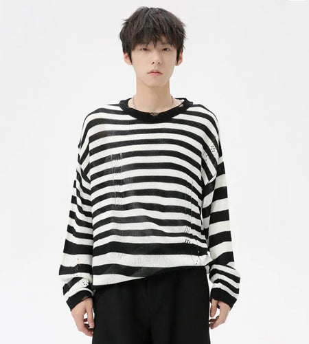 Korean Style Men's Sweater Hollow Out Striped Contrast Color Male Pullovers Round Collar Menwear Tops Autumn Trend 9C7037