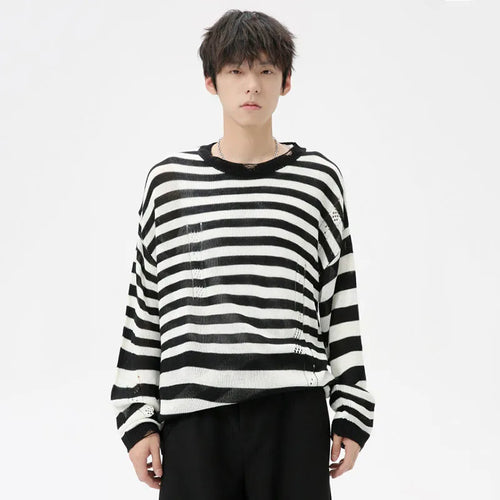 Load image into Gallery viewer, Korean Style Men&#39;s Sweater Hollow Out Striped Contrast Color Male Pullovers Round Collar Menwear Tops Autumn Trend 9C7037
