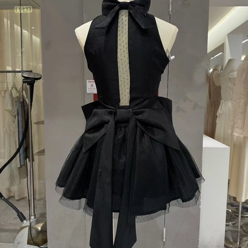 Load image into Gallery viewer, Solid Spliced Bowknot Elegant Mini Dresses for Women Square Neck Sleeveless Patchwork Folds Fashion Dress Female
