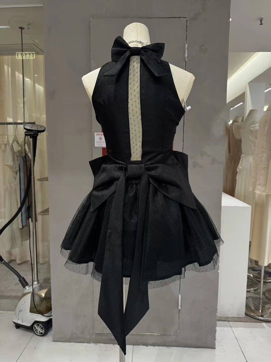 Solid Spliced Bowknot Elegant Mini Dresses for Women Square Neck Sleeveless Patchwork Folds Fashion Dress Female