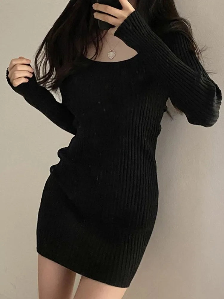 Vintage Knitted Bodycon Mini Dress Women Retro Wrap Knit Sexy Square Collar Slim Long Sleeve Short Dresses Autumn