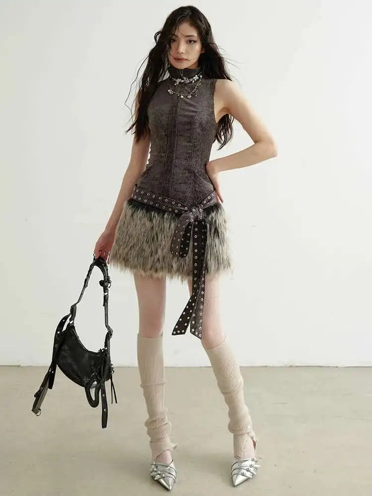 Women Gray Fur Spliced Bandage Elegant Mini Dress New Turtleneck Sleeveless Fashion Tide Spring Autumn 2025 1DH9342