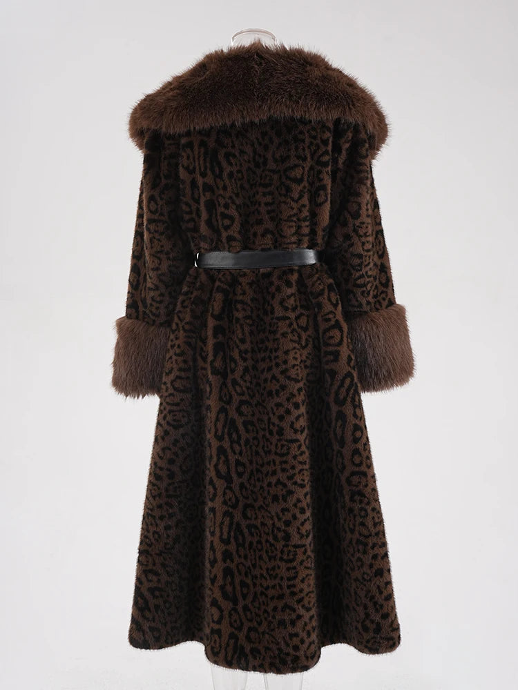 Brown Leoppard Print Big Size Long Faux Fur Jacket New Lapel Long Sleeve Women Coat Fashion Autumn Winter 2025 CPG2454