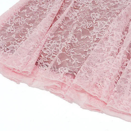 Load image into Gallery viewer, Lace Flare Long Sleeve Sexy Mini Dress For Women Robe Autumn New Pink O Neck A-line High Waist Pleated Dress Elegant
