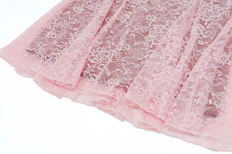 Lace Flare Long Sleeve Sexy Mini Dress For Women Robe Autumn New Pink O Neck A-line High Waist Pleated Dress Elegant