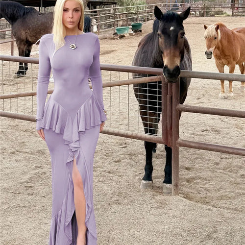 Load image into Gallery viewer, Backless Ruffled Sexy Maxi Dress For Women Gown Fashion O Neck Long Sleeve Thigh High Split Evening Long Dress Elegant
