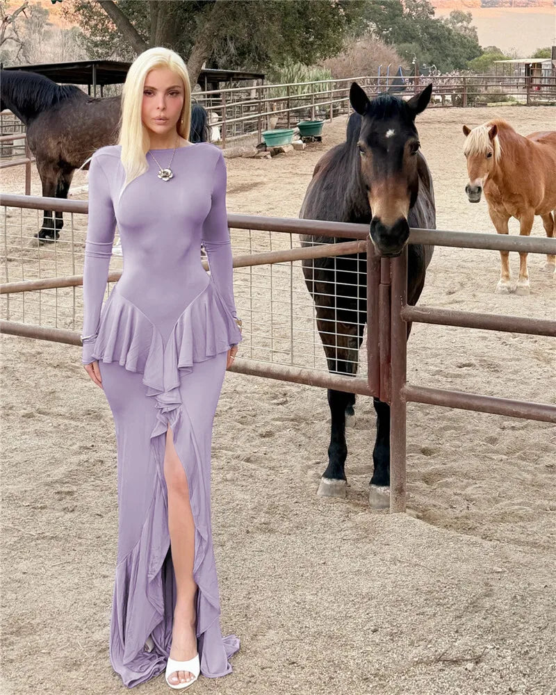 Backless Ruffled Sexy Maxi Dress For Women Gown Fashion O Neck Long Sleeve Thigh High Split Evening Long Dress Elegant