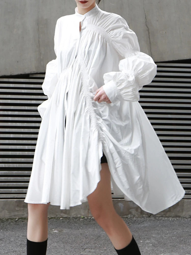 Women Blue Irregular Pleated Big Hem Shirt Dress New Stand Neck Long Sleeve Loose Fashion Tide Spring Autumn 2025 1DF9549