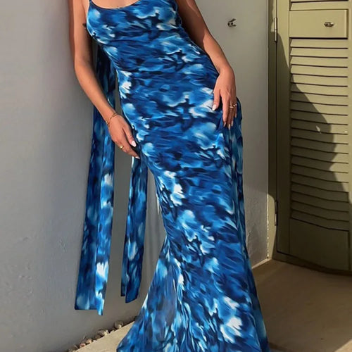 Load image into Gallery viewer, Halter Backless Print Sexy Maxi Dress For Women Gown Elegant Blue Printed Lace-up Sleeveless Evening Long Dress
