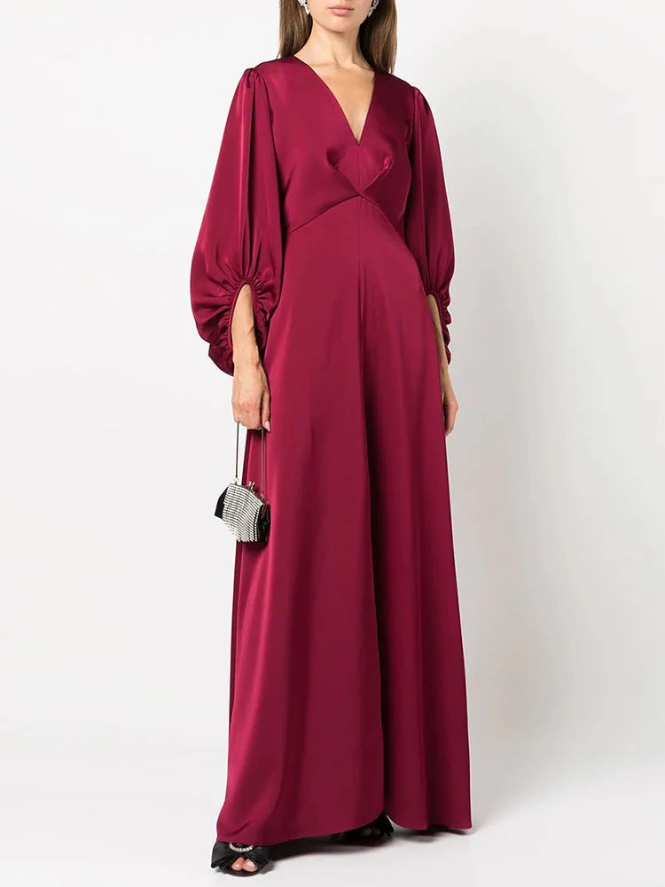 Solid Elegant Loose Dresses For Women V Neck Lantern Sleeve High Waist Spliced Zipper Temperament Dress Female Fashion New