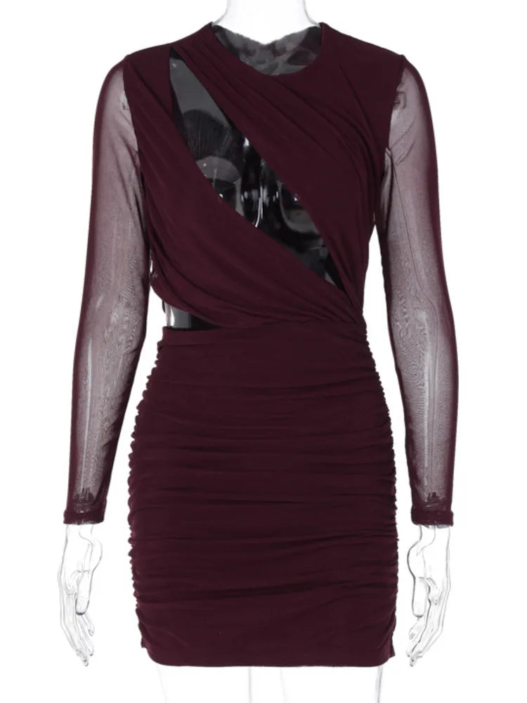 Elegant Hollow Out Sexy Mini Dress For Women Wine Red O Neck Sheer Long Sleeve Bodycon Club Party Sexy Dress Vestidos