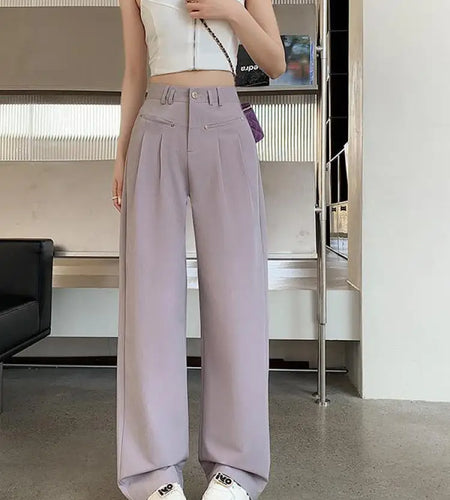 Spring Summer Retro Korean Black Office Wide Leg Long Pants Women's Purple High Waist Loose Holiday Straight Trousers Trendy New