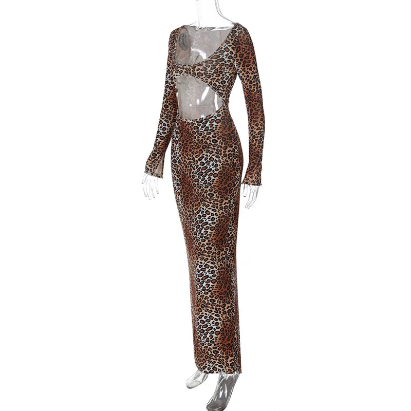Leopard Print Long Sleeve Sexy Maxi Dress For Women Fashion Hollow Out Bodycon Printed Sexy Long Dress Elegant