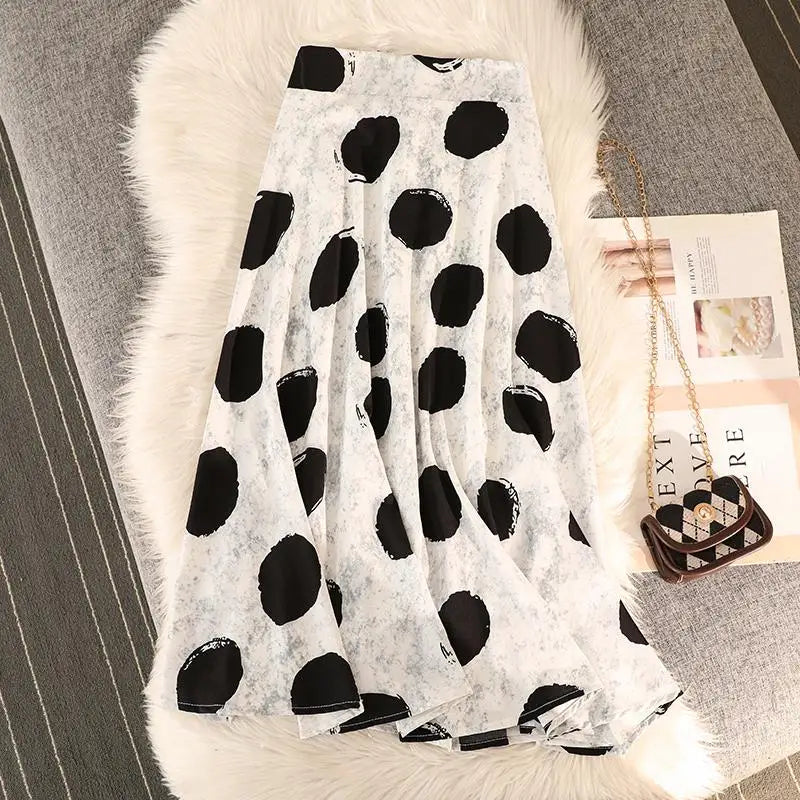 Vintage Women Casual Dot Print Pleated A-line Skirt Elegant Elastic High Waist Female Summer Festival Party Midi Skirts Boho New