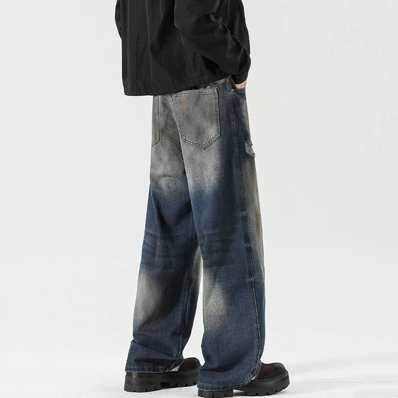 Men's Jeans Washed Dirty Ripped Stylish Hole Worn-out Design High Street Straight Leg Trendy Male Casual Trousers 9W2024