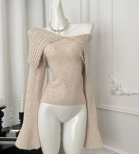 Korean Fashion Khaki Long Sleeve Versatile Sweater Women Autumn Winter Elegant Off Shoulder Pearl Knit Cotton Tops Popular Trend