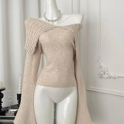 Load image into Gallery viewer, Korean Fashion Khaki Long Sleeve Versatile Sweater Women Autumn Winter Elegant Off Shoulder Pearl Knit Cotton Tops Popular Trend
