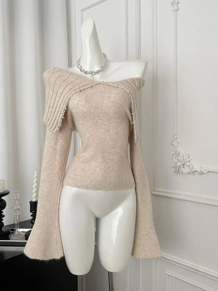 Korean Fashion Khaki Long Sleeve Versatile Sweater Women Autumn Winter Elegant Off Shoulder Pearl Knit Cotton Tops Popular Trend