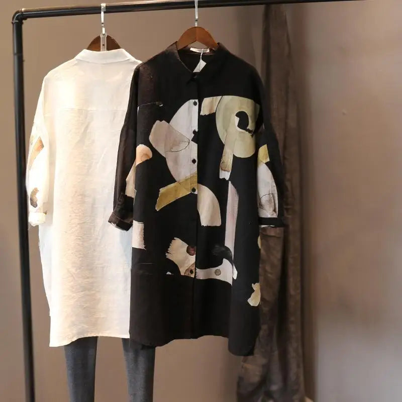 Summer Women Blouses Long Sleeve Top Print Casual Fashion Shirts Spring Clothes Female Loose Medium Long Uv Protective Blouse