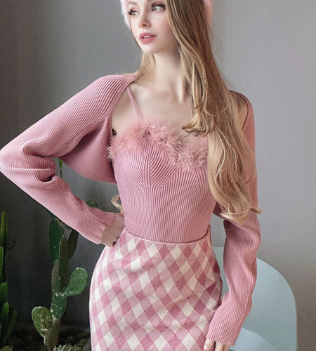 Two- piece Sweaters Women Korean Fashion Long Sleeve Knitted Cardigan Woman + Fluff Camisole Sweet Camisole Female  C-036