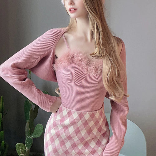Load image into Gallery viewer, Two- piece Sweaters Women Korean Fashion Long Sleeve Knitted Cardigan Woman + Fluff Camisole Sweet Camisole Female  C-036
