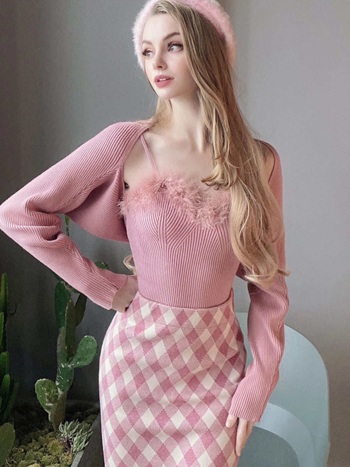 Two- piece Sweaters Women Korean Fashion Long Sleeve Knitted Cardigan Woman + Fluff Camisole Sweet Camisole Female  C-036