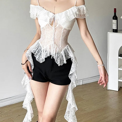 Load image into Gallery viewer, 2025 Y2k Aesthetic Lace Irregular Tops Vintage Harajuku Hollow Out Summer T-Shirt Streetwear See Through Shirt Fairy Bandage Tee
