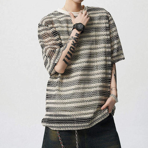 Load image into Gallery viewer, Men's T-shirts Short Sleeve New Korean Style Niche Summer Ice Silk Striped Design Pullover Personality Male Tees 9W1942
