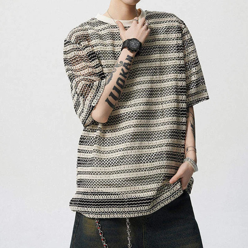 Men's T-shirts Short Sleeve New Korean Style Niche Summer Ice Silk Striped Design Pullover Personality Male Tees 9W1942